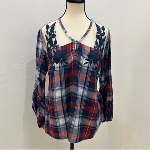 For The Republic Red and Blue Plaid Blouse with Floral Detail M